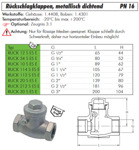 Rückschlagklappen, Edelstahl, metallisch dichtend, PN 16 (Eco-Line), alle Größen